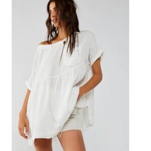We The Free People Women's Short Sleeve Pullover Moon City Blouse Tunic Linen